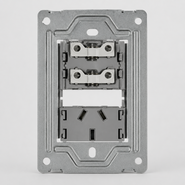 TECLA Y TOMACORRIENTE MONACO MACROLED, 2 CANALES, AC 250V, 10A MAX. BASTIDOR METALICO, SIN FRENTE