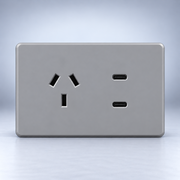 TOMACORRIENTE Y USB-C MONACO GRIS MACROLED, AC 250V, 10A MAX. 2 USB-C DE 20W, BASTIDOR METALICO