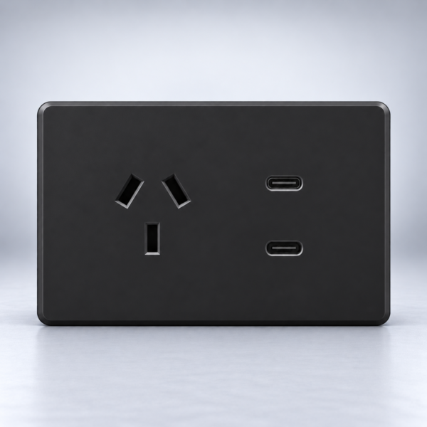 TOMACORRIENTE Y USB-C MONACO NEGRO MACROLED, AC 250V, 10A MAX. 2 USB-C DE 20W, BASTIDOR METALICO